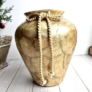 Gold Capiz Shell Glass Vase 6.75" Tall with Gold Rope Made in Philippines